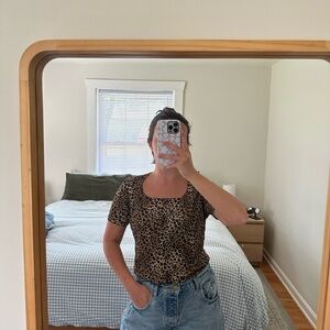 Vintage Brown and Black Fitted‎ Leopard Cheetah Print Short Sleeve Top S